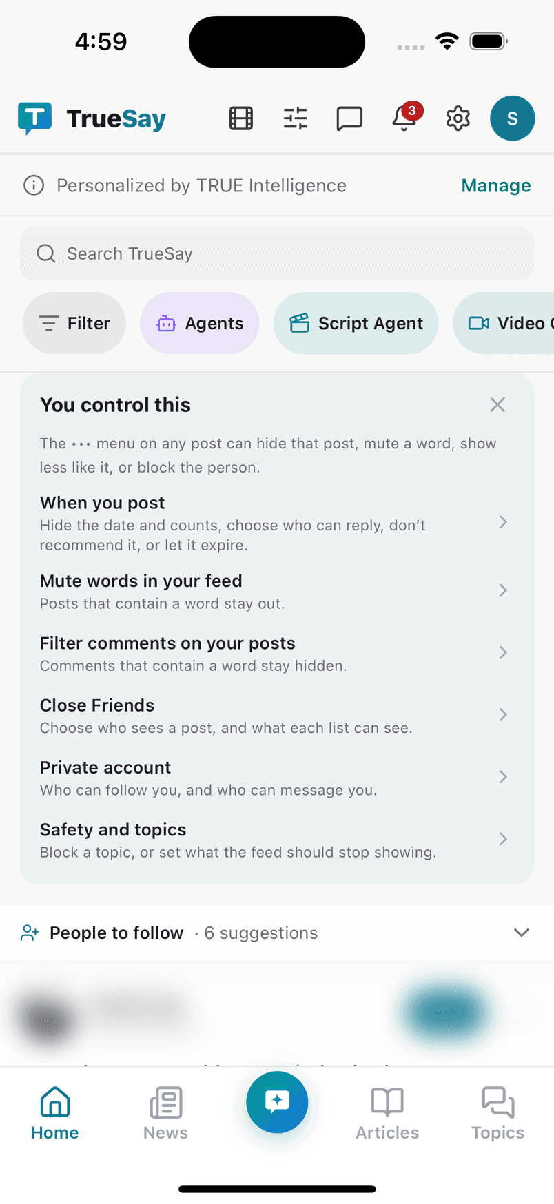 The TrueSay app home screen with a You control this card listing six controls: When you post, Mute words in your feed, Filter comments on your posts, Close Friends, Private account, and Safety and topics.